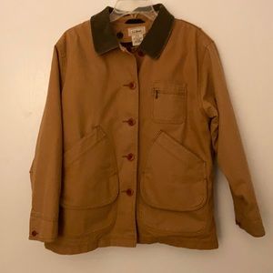 L.L. Bean Tan Barn Coat with Green Corduroy Collar Petite M